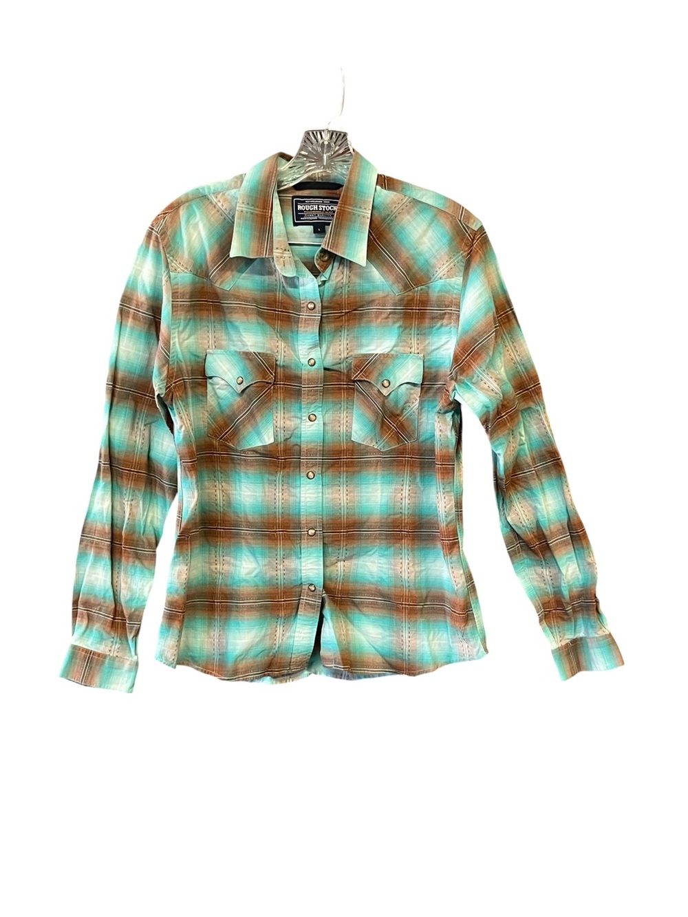 Rough Stock Panhandle Slim Western Snap Shirt Women’s L Plaid Turquoise Cotton